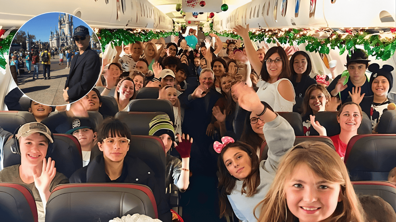 Actor Gary Sinise with children of fallen heroes at the Snowball Express.