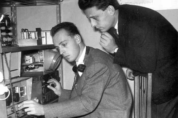 Achille and Giovanni Judica-Cordiglia, two Italian brothers, monitoring radio signals from their Torre Bert listening station in 1963.
