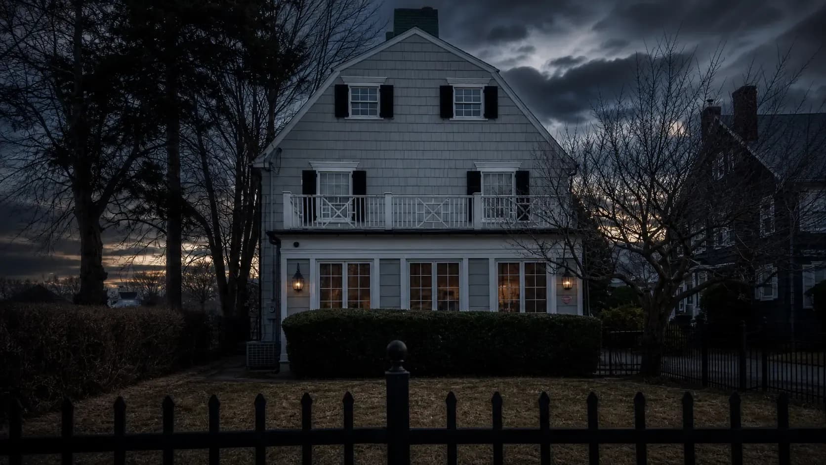 The Amityville Horror House exterior with a dark cinematic mood, front fence and bare trees framing the home.