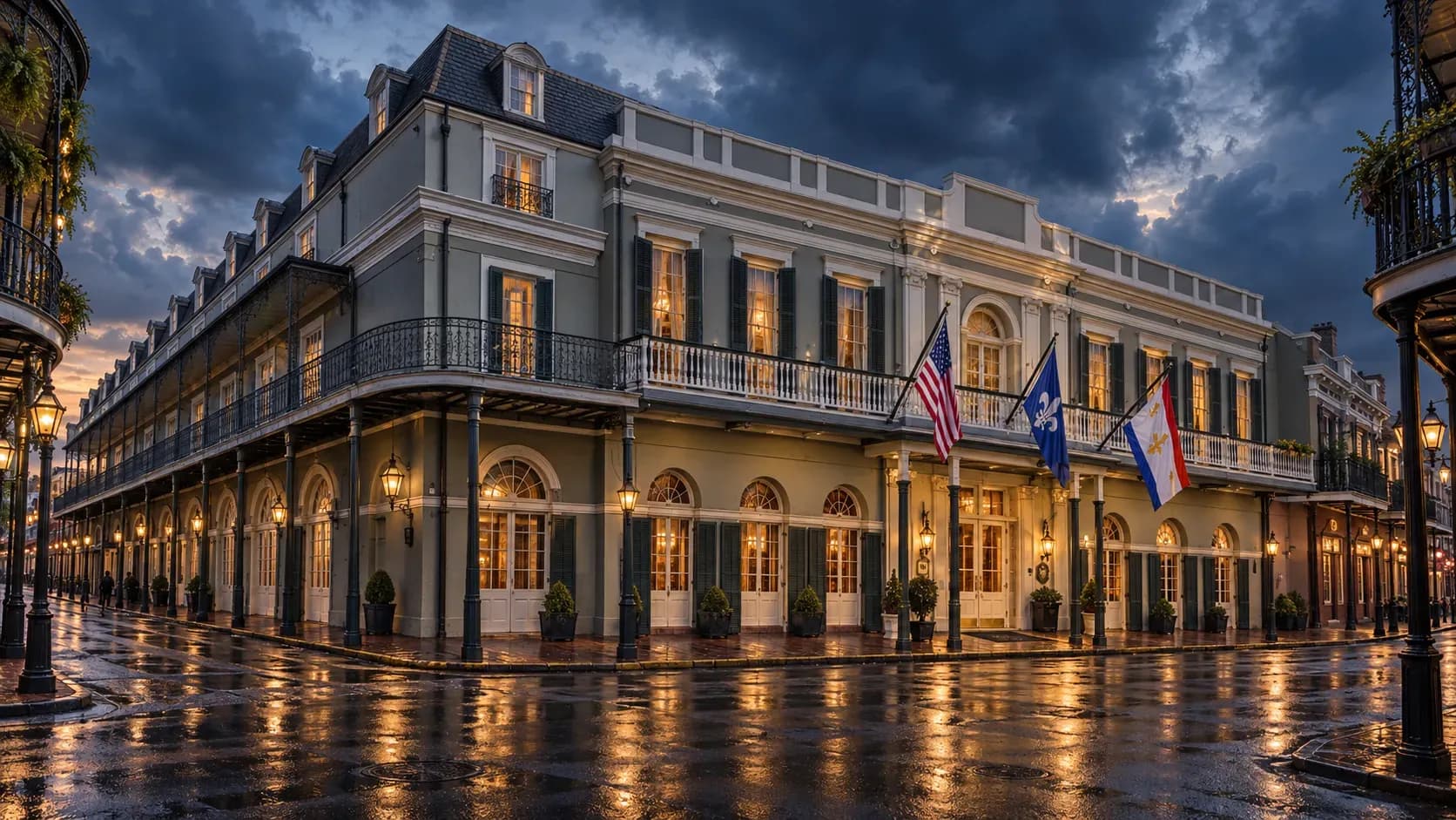 Bourbon Orleans Hotel beneath dark storm clouds, with warm windows reflecting across the rain-soaked French Quarter street.