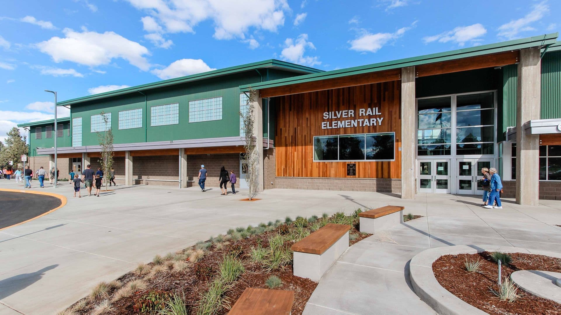 The exterior of Silver Rail Elementary School in Bend, Oregon, where the October 15 2026 shooting occurred