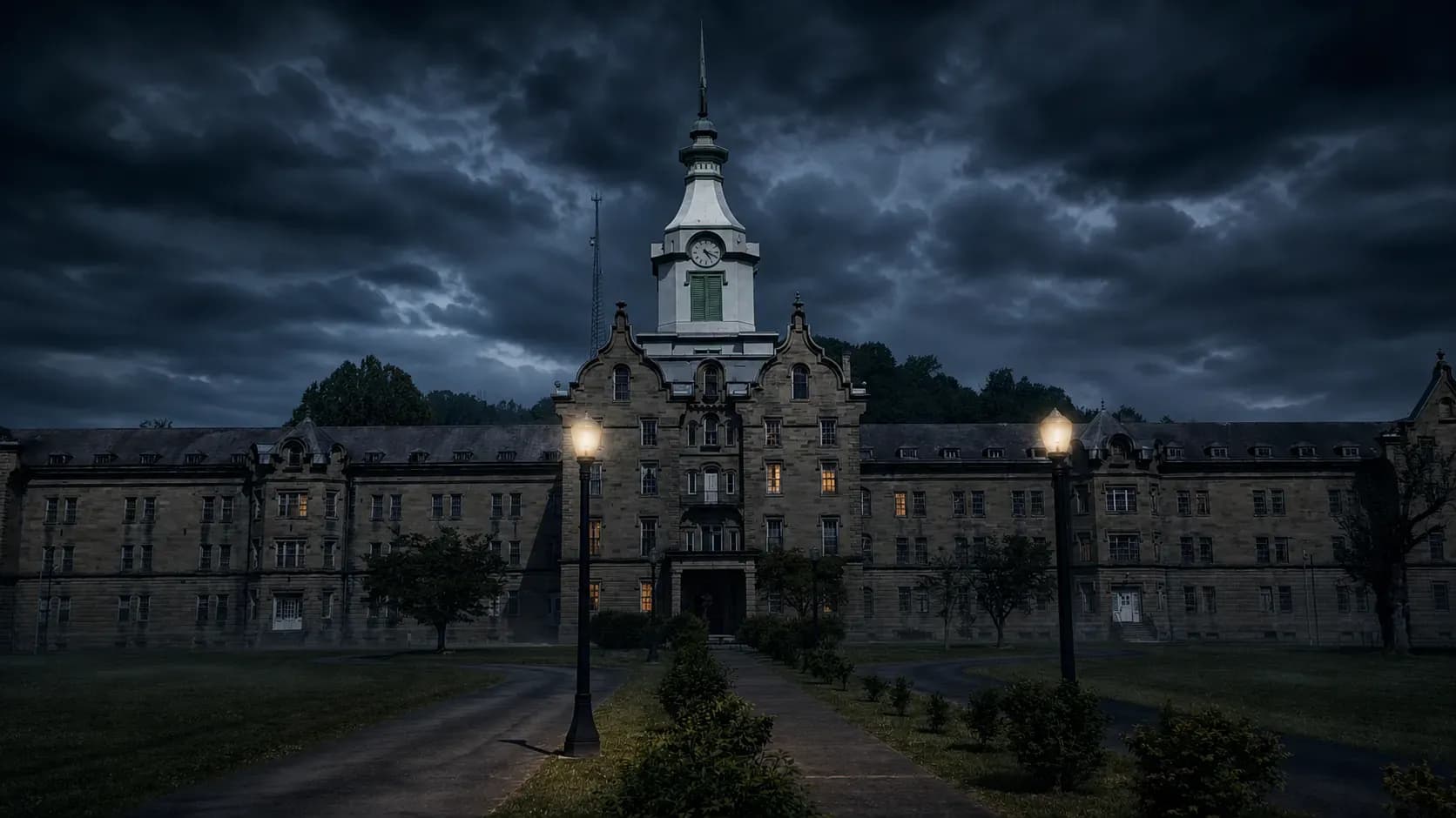 Trans-Allegheny Lunatic Asylum beneath dark storm clouds in Weston, West Virginia.