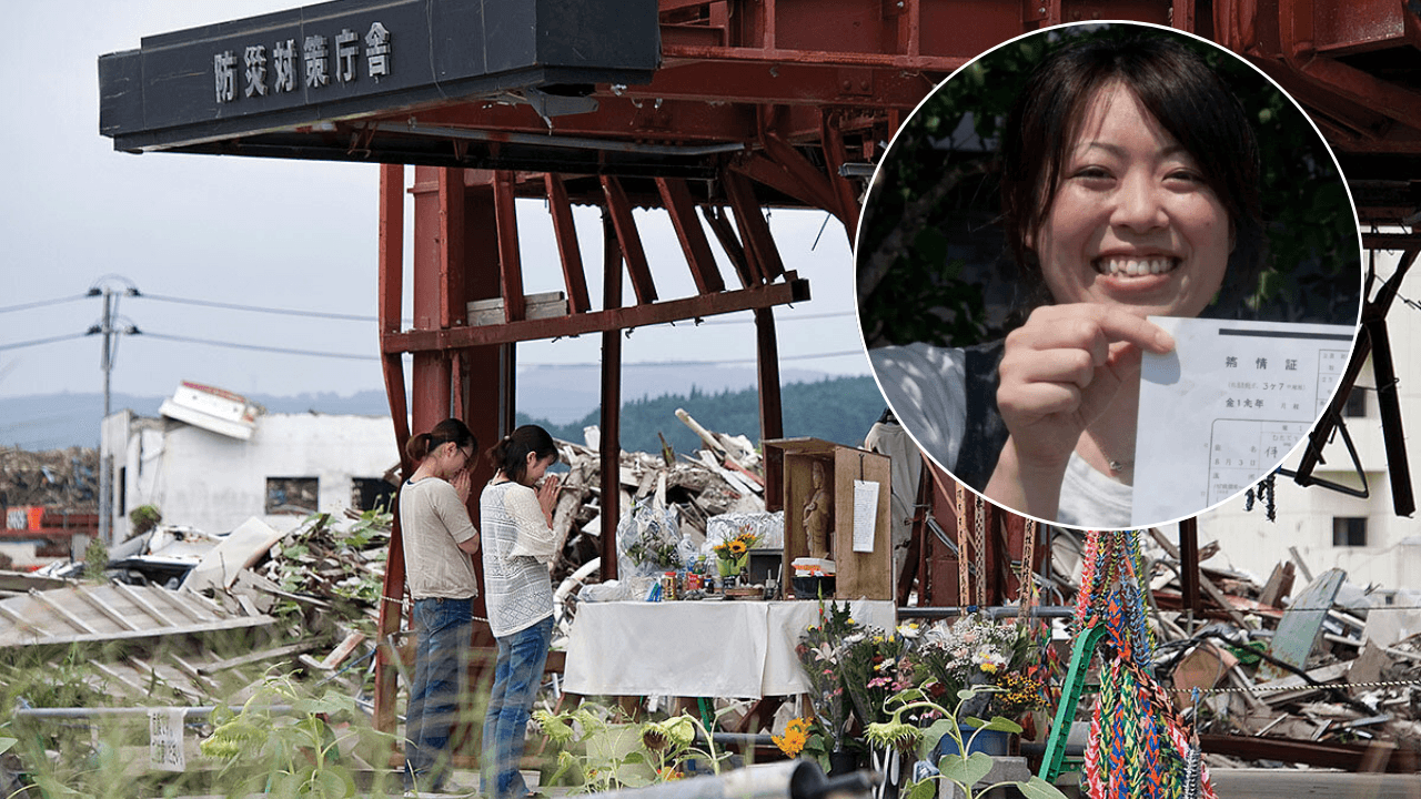 The red skeletal remains of the Minamisanriku Disaster Prevention Center after the 2011 Japan tsunami, where hero Miki Endo made her final broadcast.