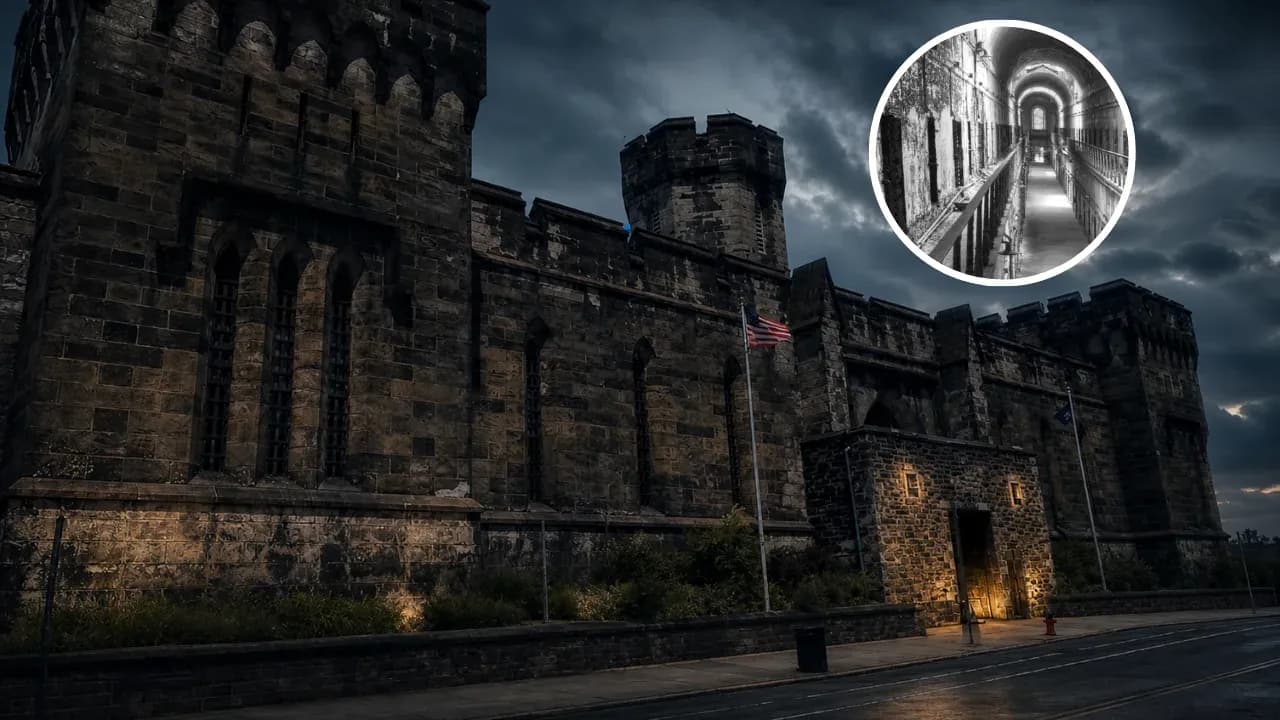 Moody dusk view of Eastern State Penitentiary’s Gothic stone facade under dark storm clouds.