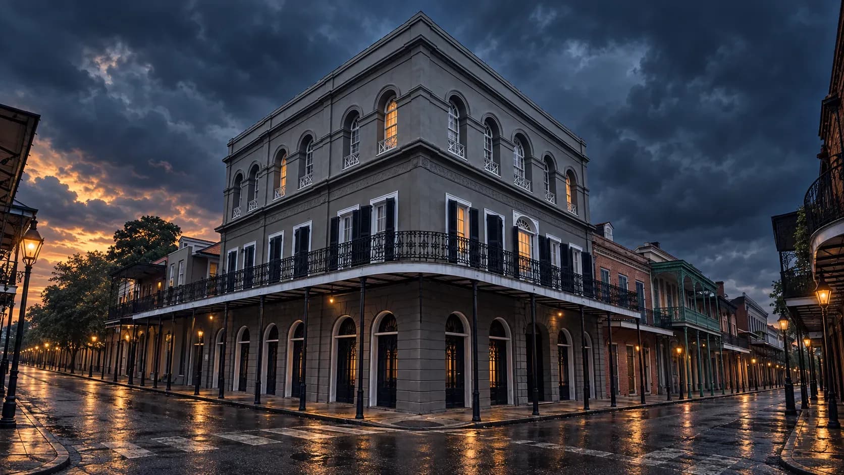 Stylized LaLaurie Mansion at dusk beneath storm clouds, with warm windows reflected on rain-darkened streets.