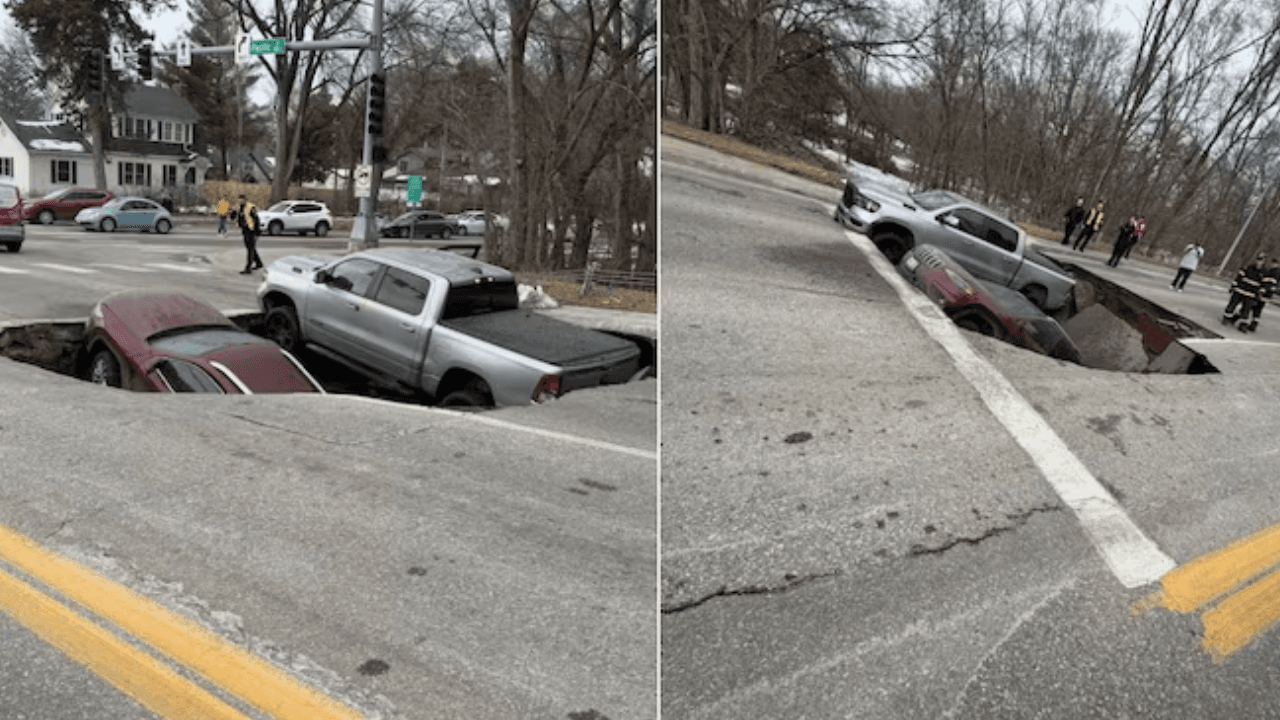 Omaha Sinkhole Swallows Two Vehicles at Busy Intersection, Shocking Traffic Camera Video Shows