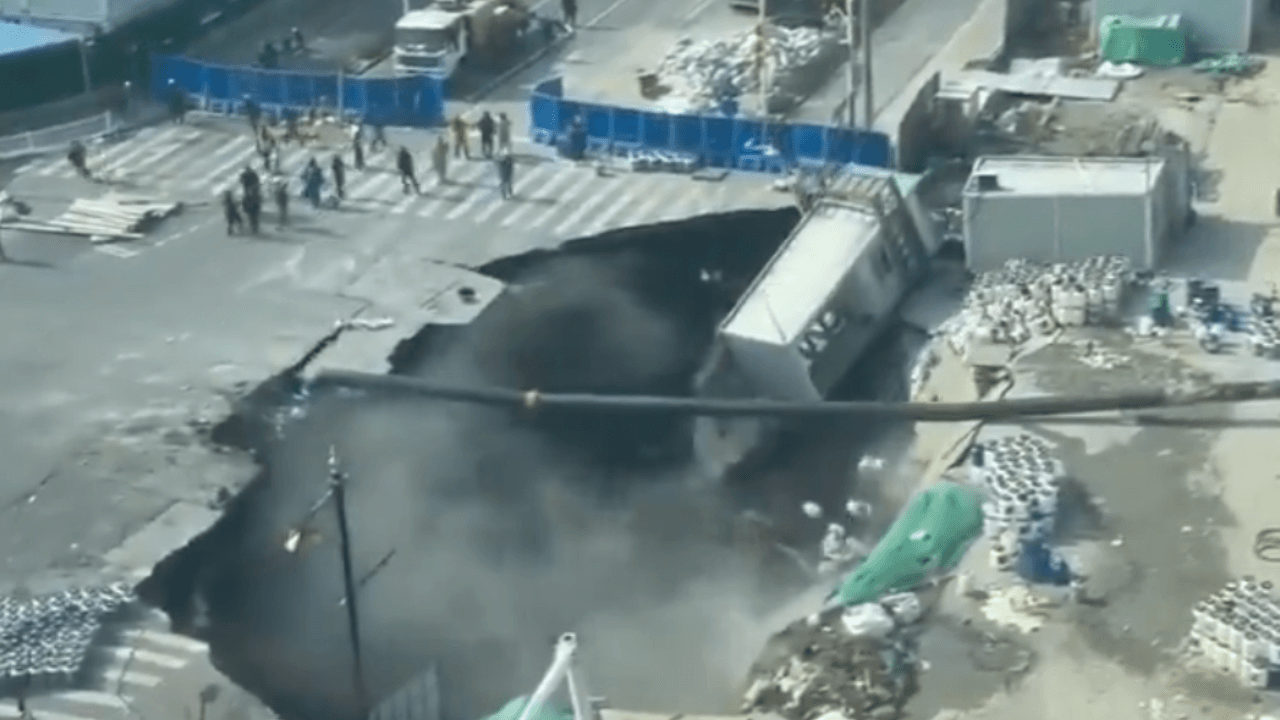 Shanghai Sinkhole Swallows Road Near Subway Construction Site