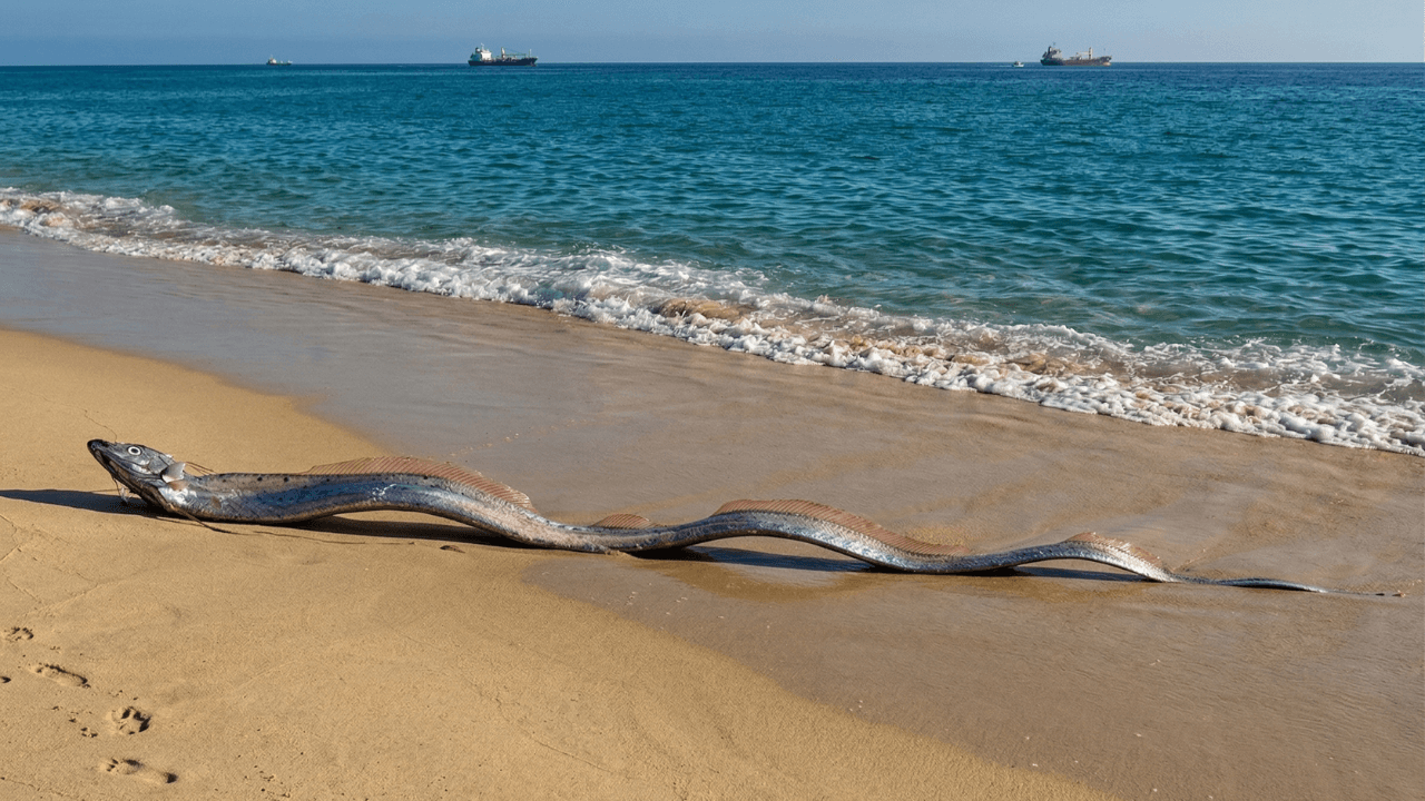Gemini said Long oarfish on a sandy beach.