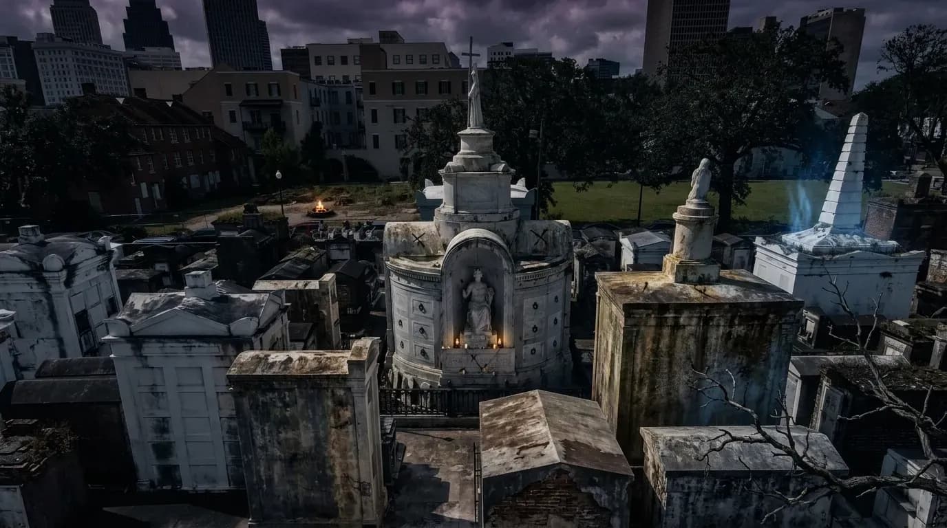 A dark and cinematic exterior view of St. Louis Cemetery No. 1 in New Orleans, captured from an elevated perspective.Caption: A moody and atmospheric shot of New Orleans' historic St. Louis Cemetery No. 1, reimagined with an 'American Horror Atlas' aesthetic.