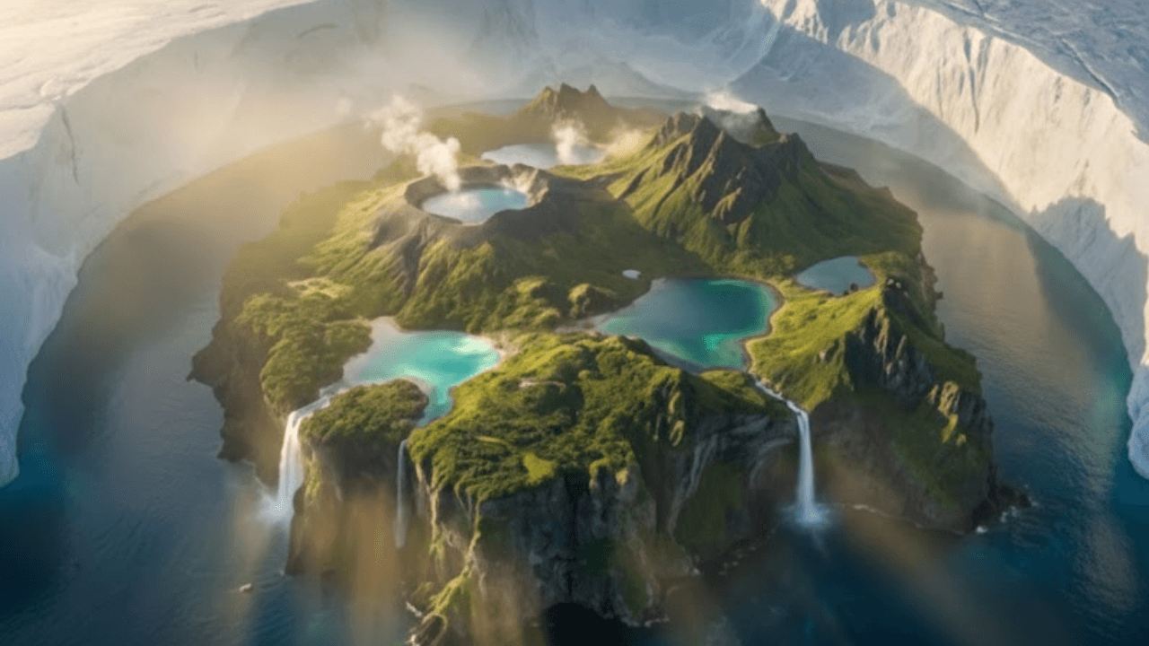 Illustration of an ancient hidden landscape beneath Antarctica, showing valleys, lakes, and mountains revealed under the ice.