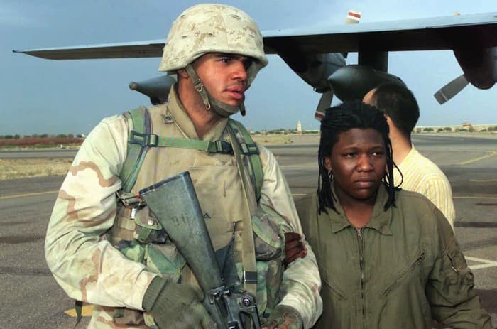 U.S. Army Specialist Shoshana Johnson returning to Kuwait in April 2003 after 22 days as a prisoner of war in Iraq