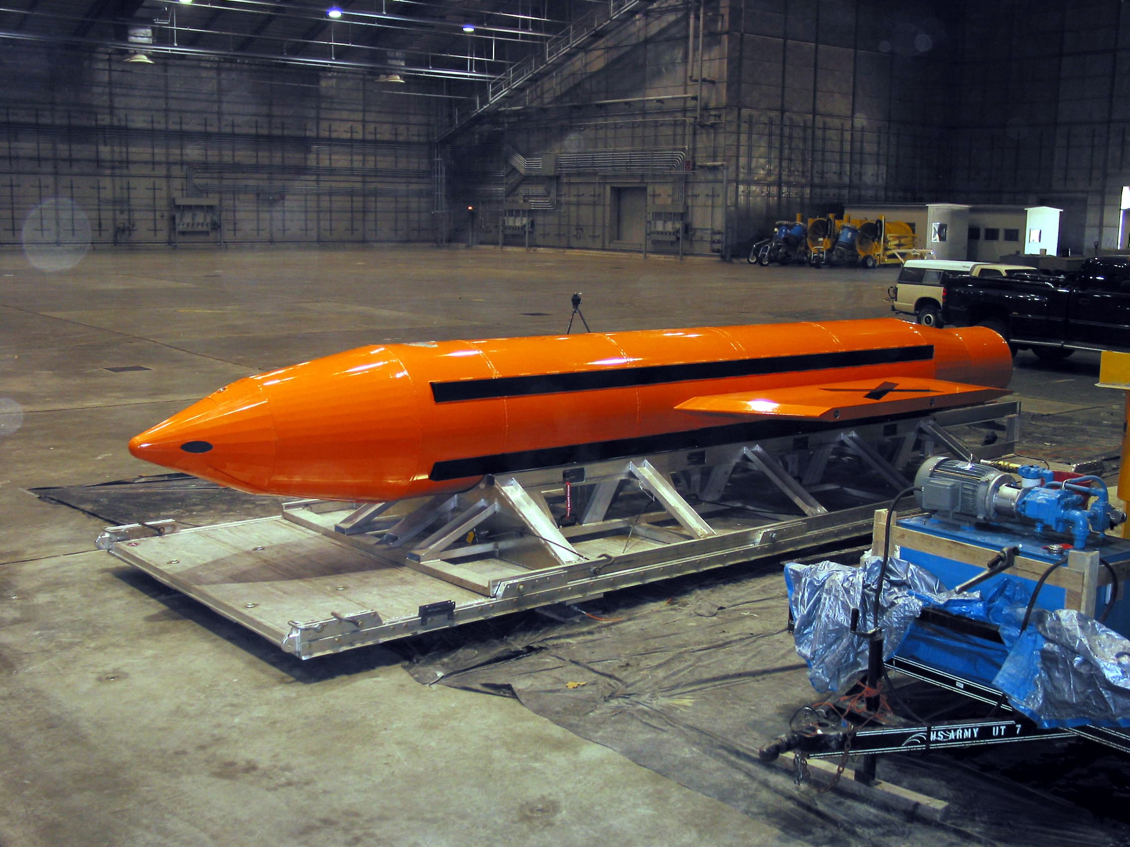 GBU-43/B Massive Ordnance Air Blast bomb, also called the Mother of All Bombs, prepared for a 2003 U.S. Air Force test