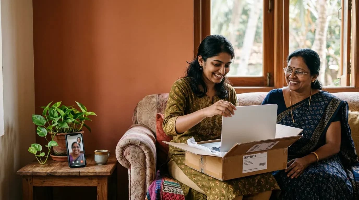 A young South Asian woman sits on a sofa next to her smiling mother, unboxing a new silver laptop from a shipping box, while a smartphone on a nearby side table displays a video call.