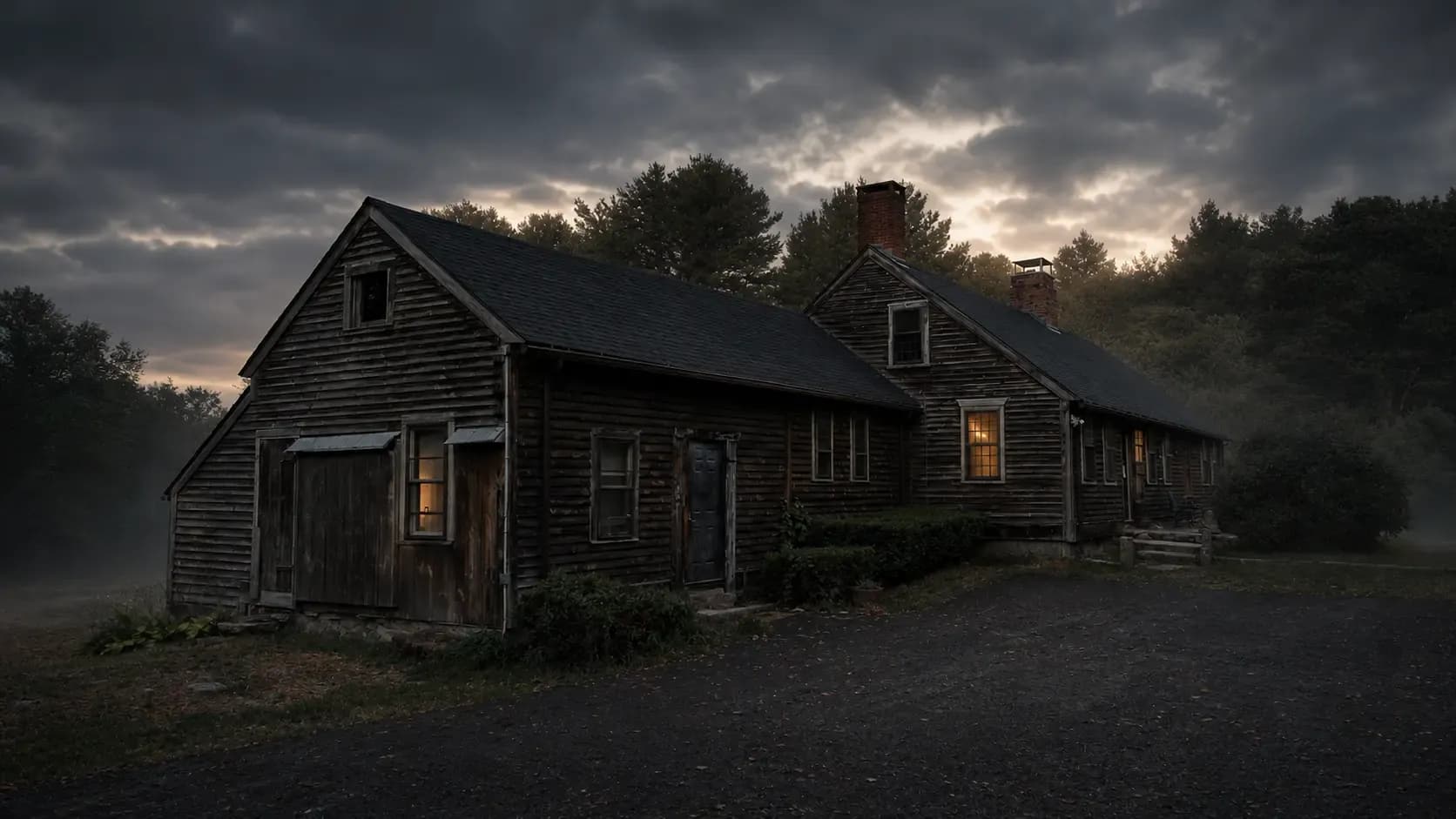 The Conjuring House beneath dark storm clouds in Burrillville, Rhode Island