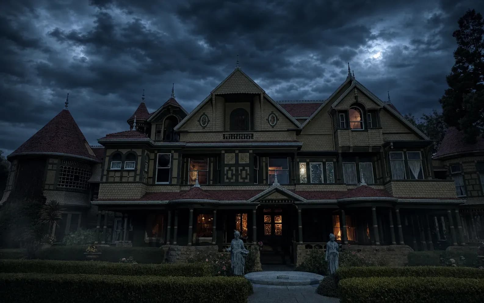 Winchester Mystery House in San Jose beneath dark storm clouds at dusk