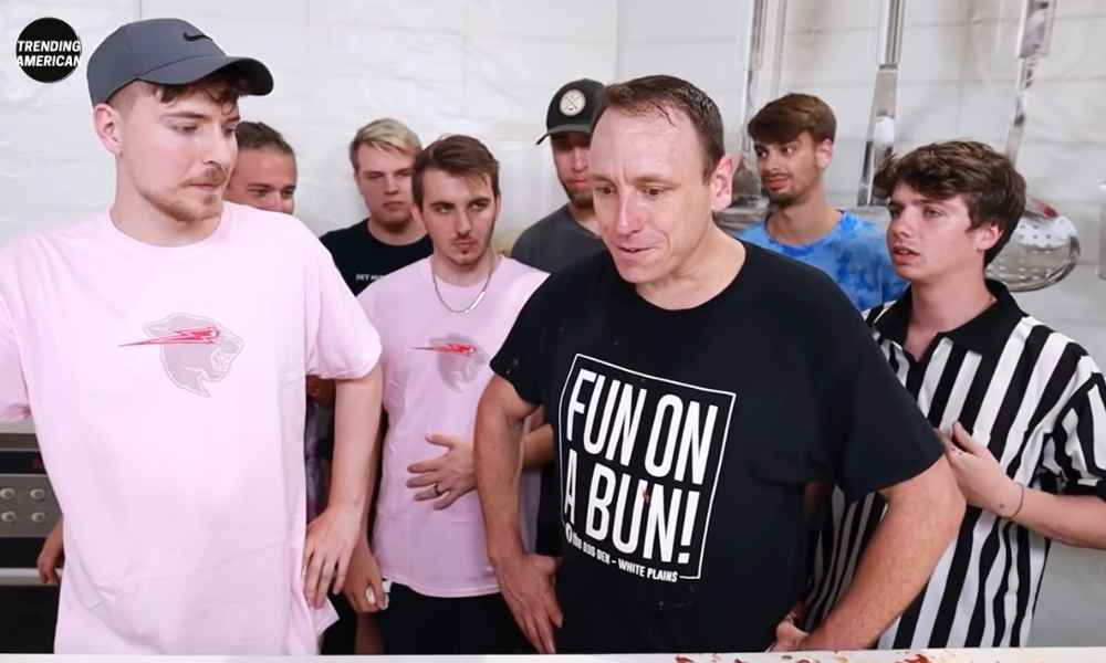 MrBeast, his frinds and Joey Chestnut in 'I ate the world Largest Pizza video
