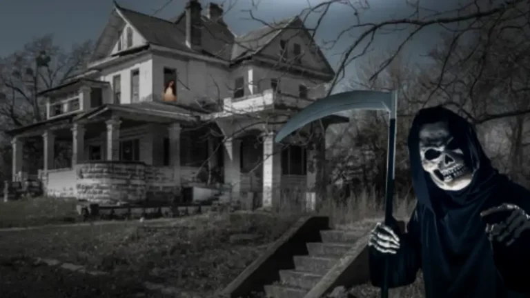 A haunted house with a ghostly figure in the window and a grim reaper in the foreground, symbolizing spooky locations in the USA.