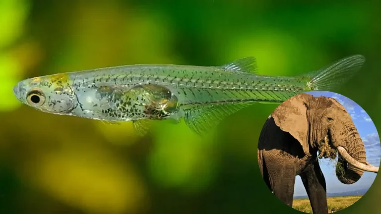 Translucent Danionella cerebrum fish next to an elephant, highlighting its ability to produce louder sounds than the elephant.